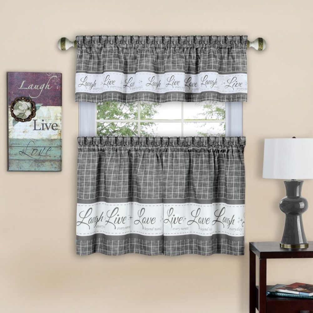 Live Love Laugh Window Kitchen Curtains 3-Piece Tier & Valance Set, Grey, 58" W